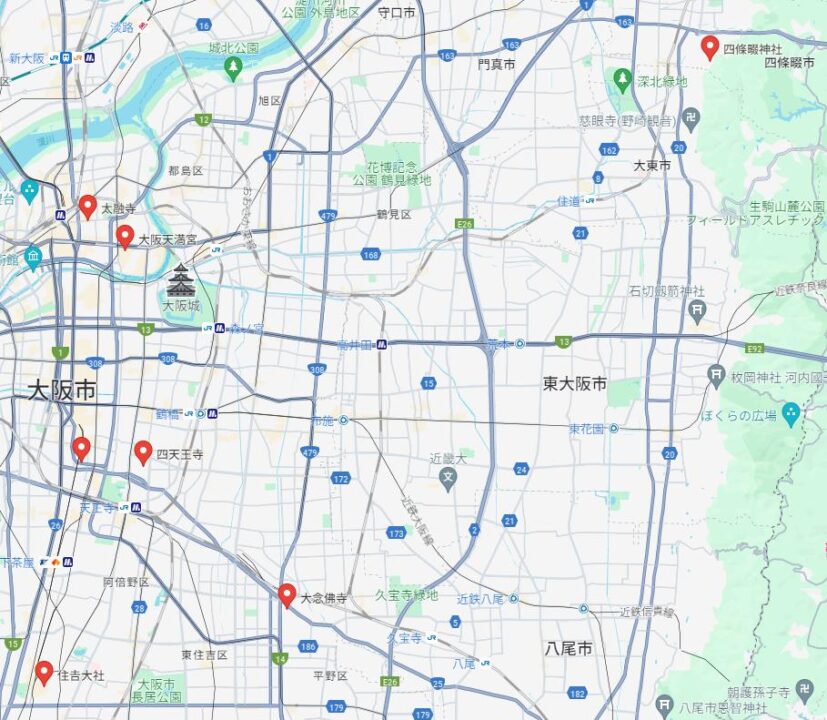 なにわ七幸めぐりの7か所すべての所在地を示した地図